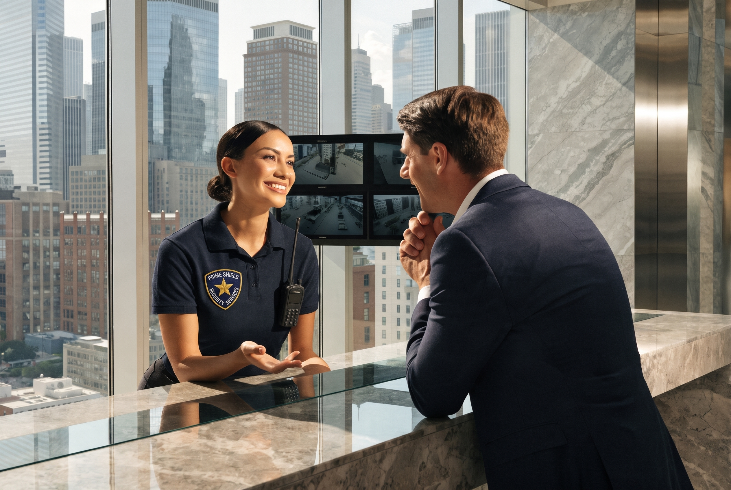 Prime Shield security officer at a corporate reception desk