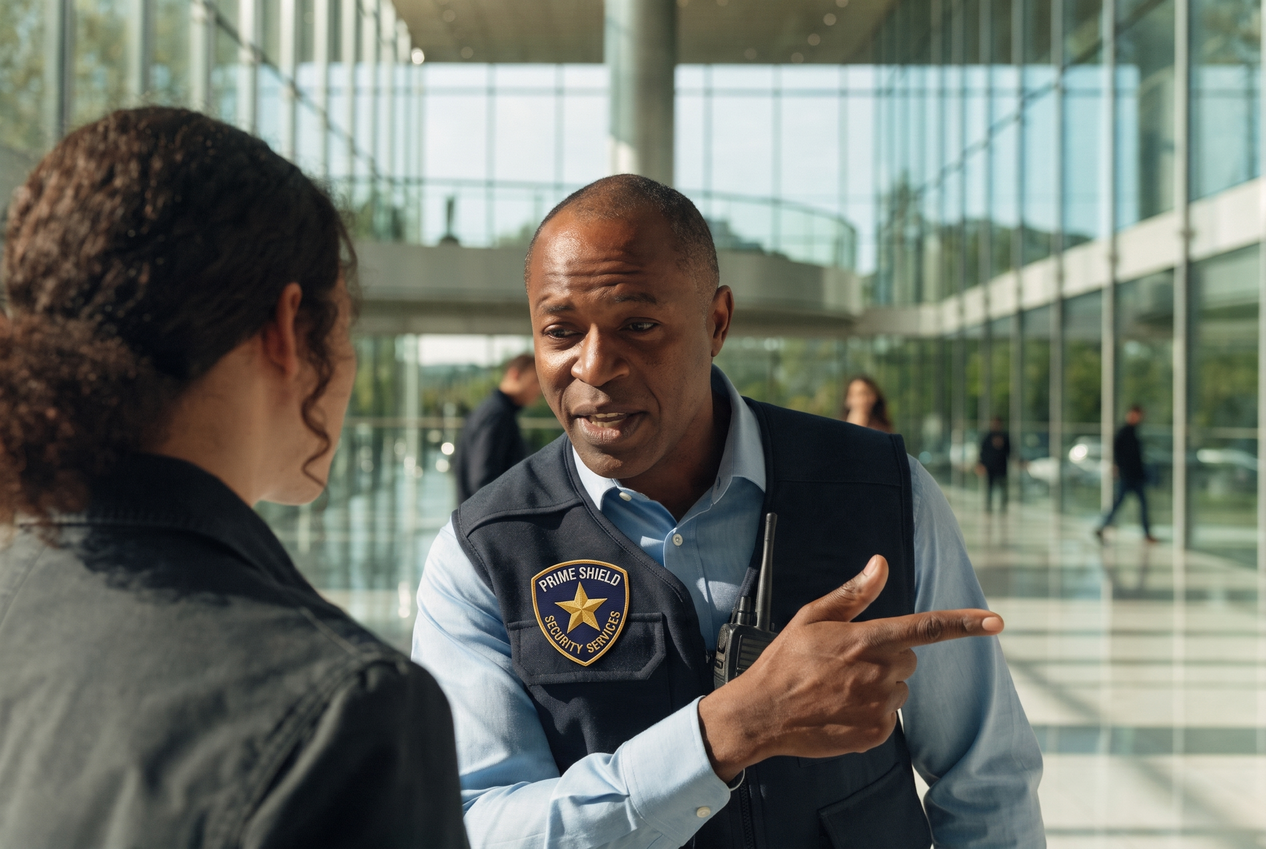 Prime Shield security officer assisting a visitor