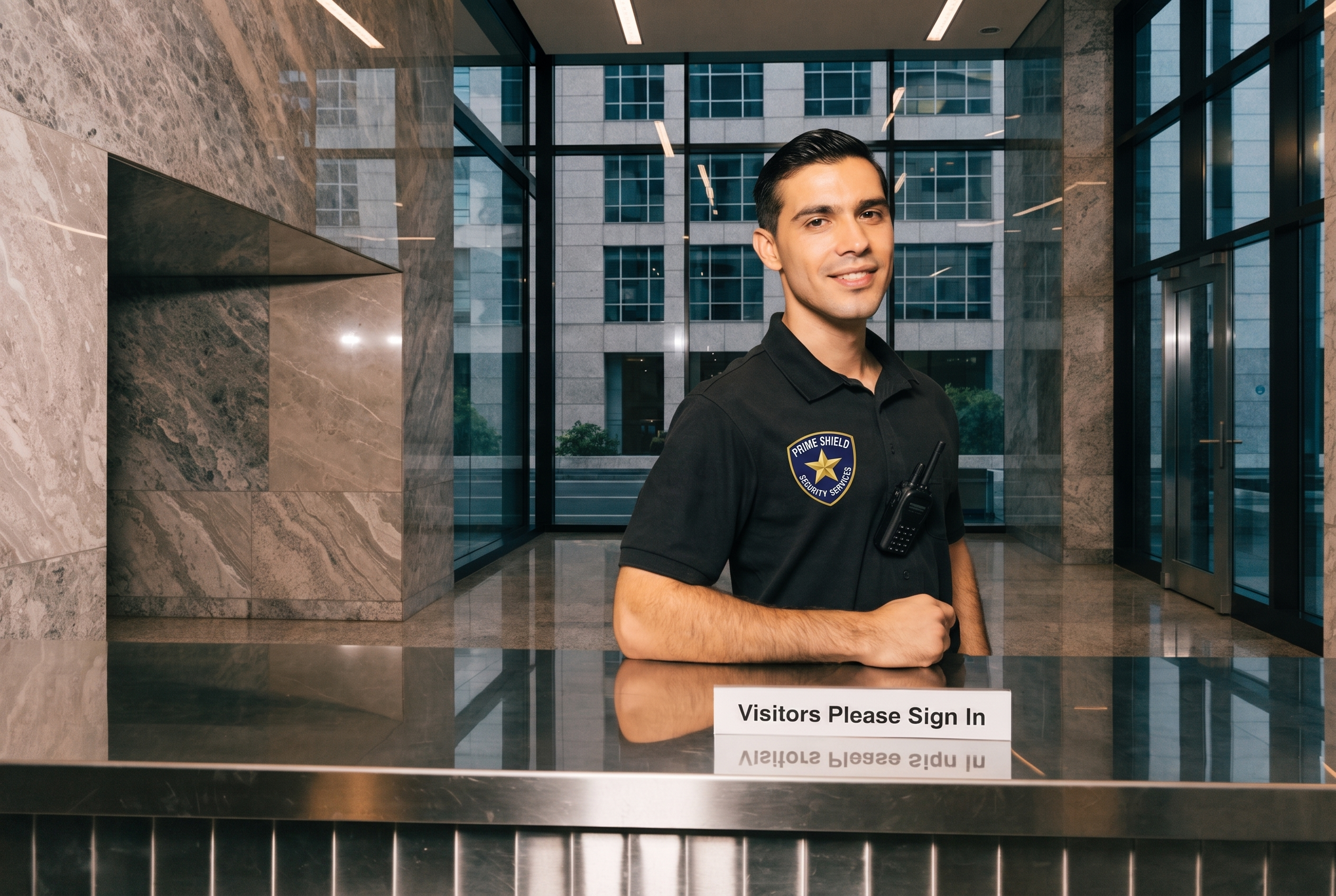 Prime Shield security officer at a corporate welcome desk
