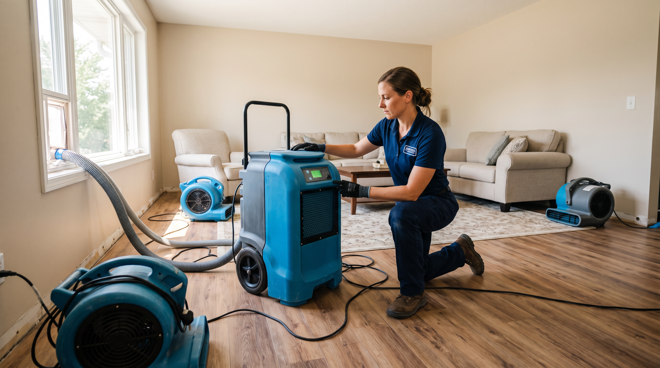 Water damage restoration technician operating professional drying equipment in a home living room