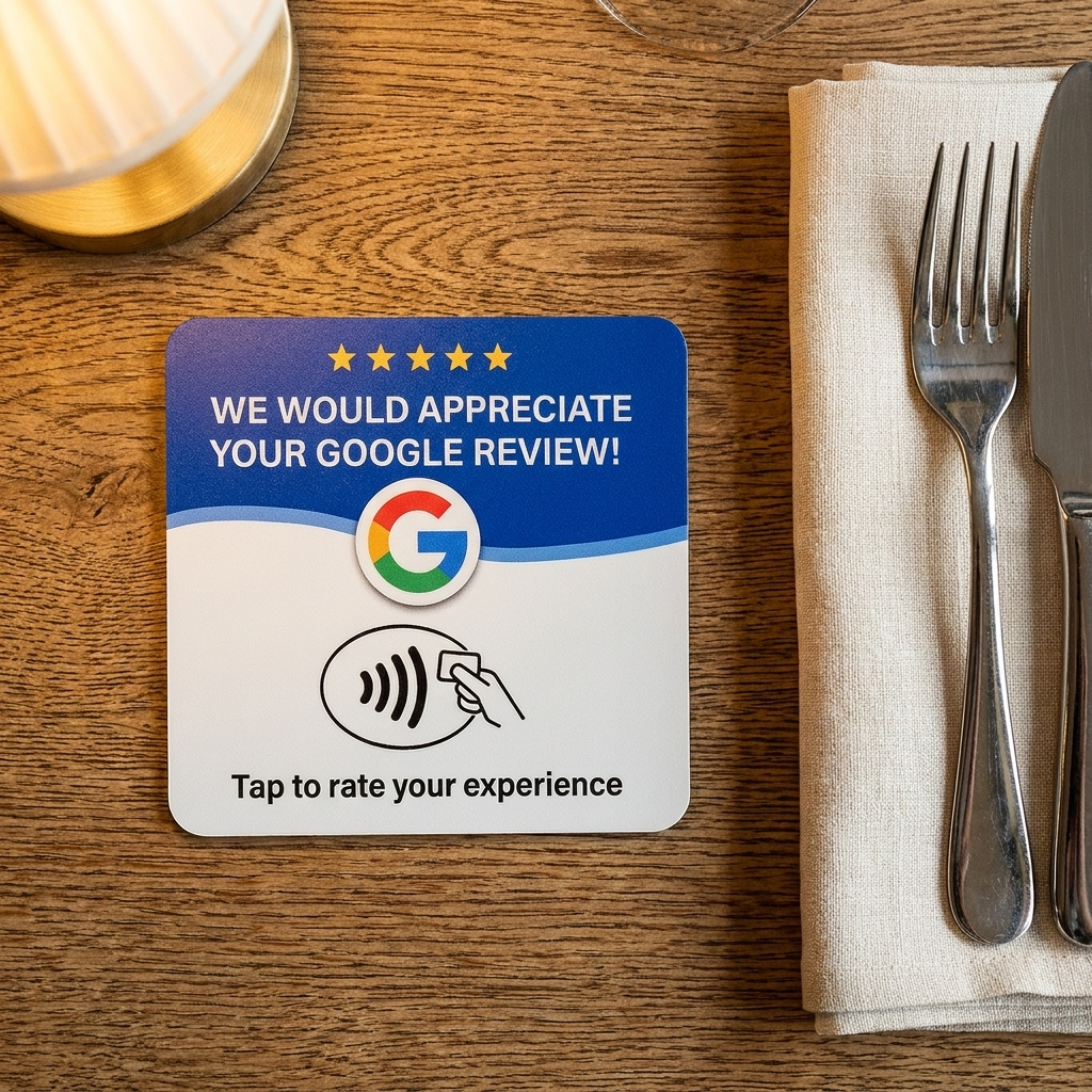TapReview-sticker vastgeplakt op een restauranttafel
