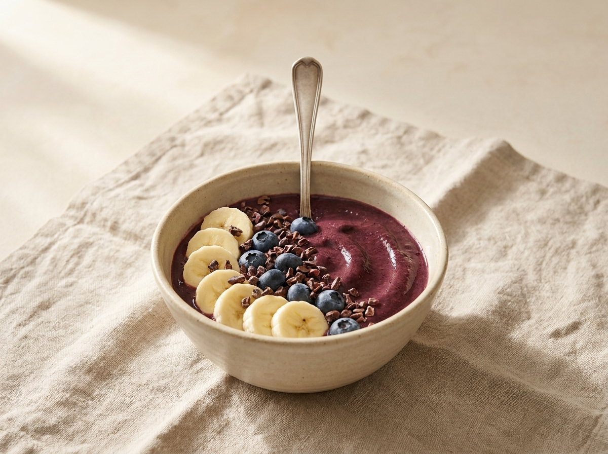 Cremige Açaí Bowl in einer Schale, garniert mit Banane, Beeren und Kakaonibs