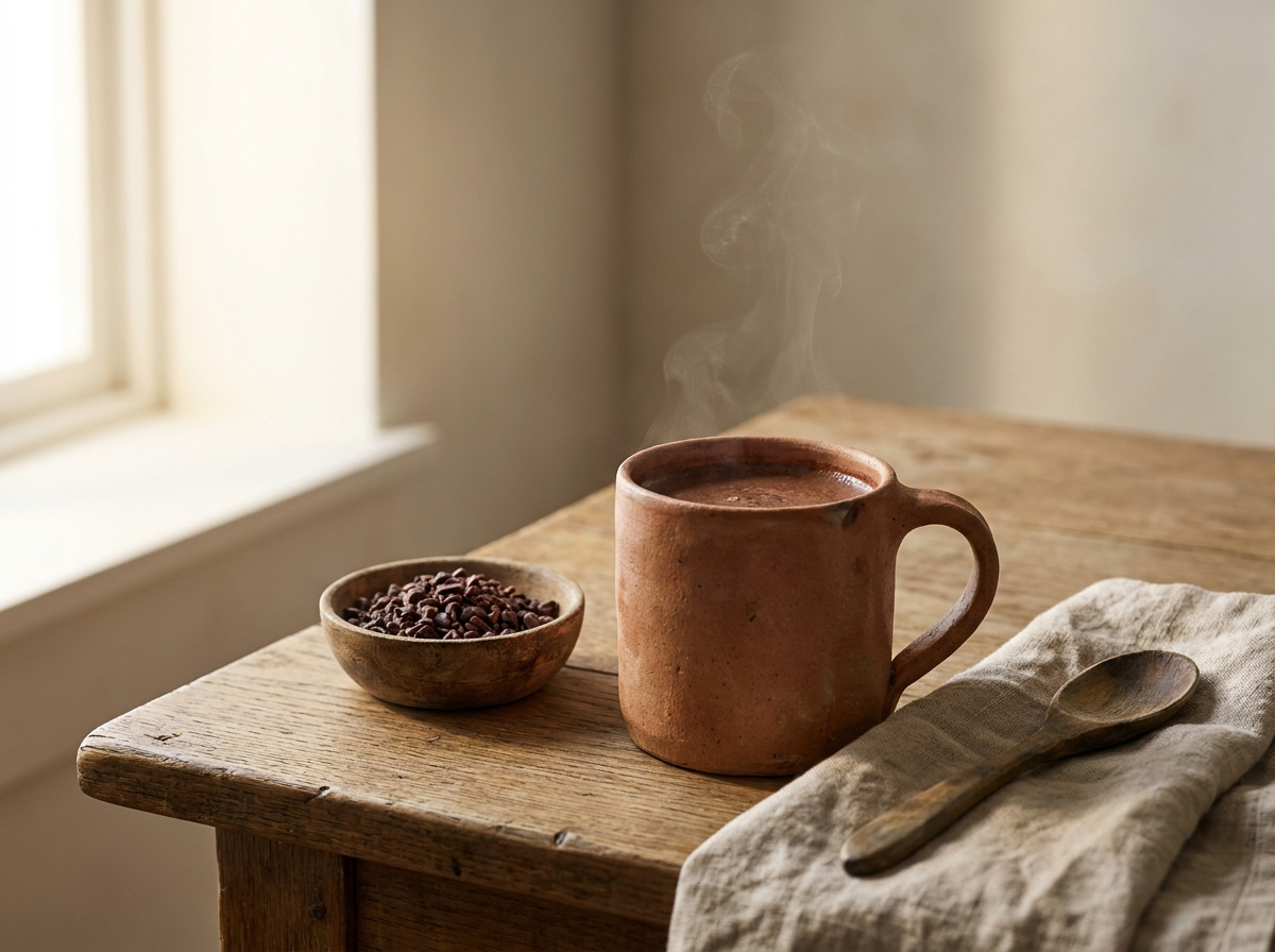 Tasse mit heißem, dunklem Kakao auf einem Holztisch, daneben eine Schale Kakaonibs