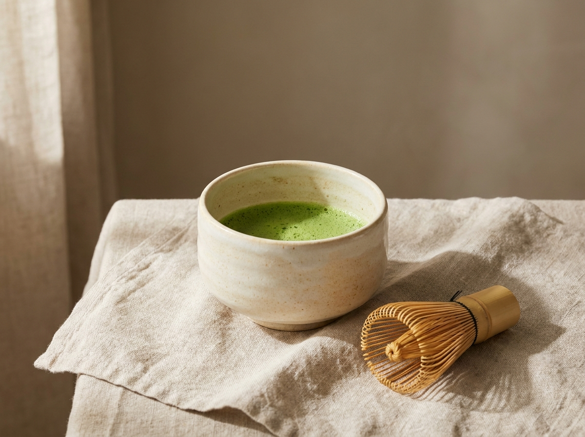 Schale mit frisch aufgeschlagenem Matcha und Bambusbesen auf Leinen