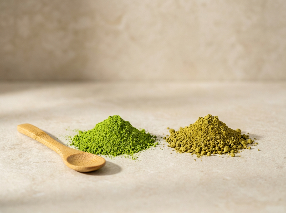 Matcha-Pulver in einer Dose neben einem Löffel, Vergleich der Farbintensität