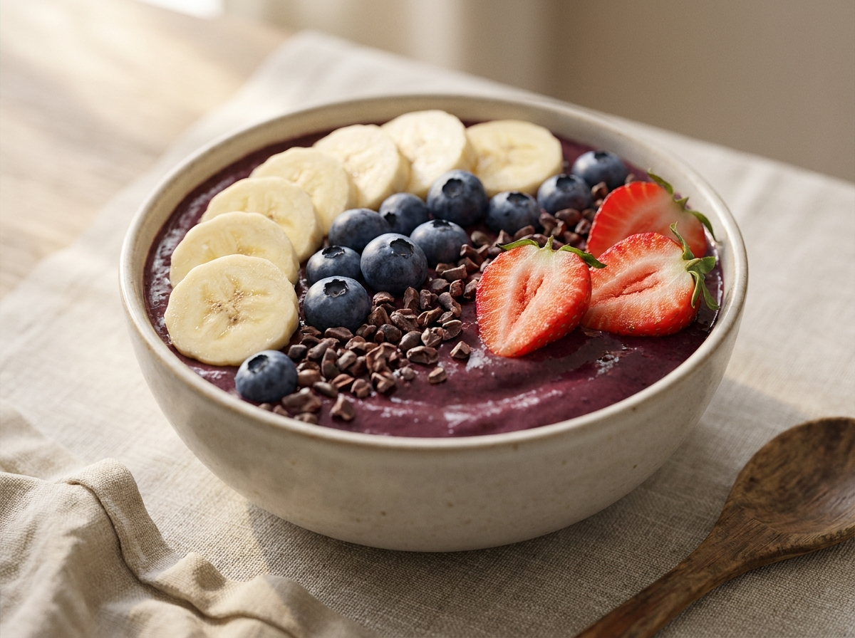 Açaí Bowl mit Kakaonibs, Bananenscheiben und frischen Beeren als Topping