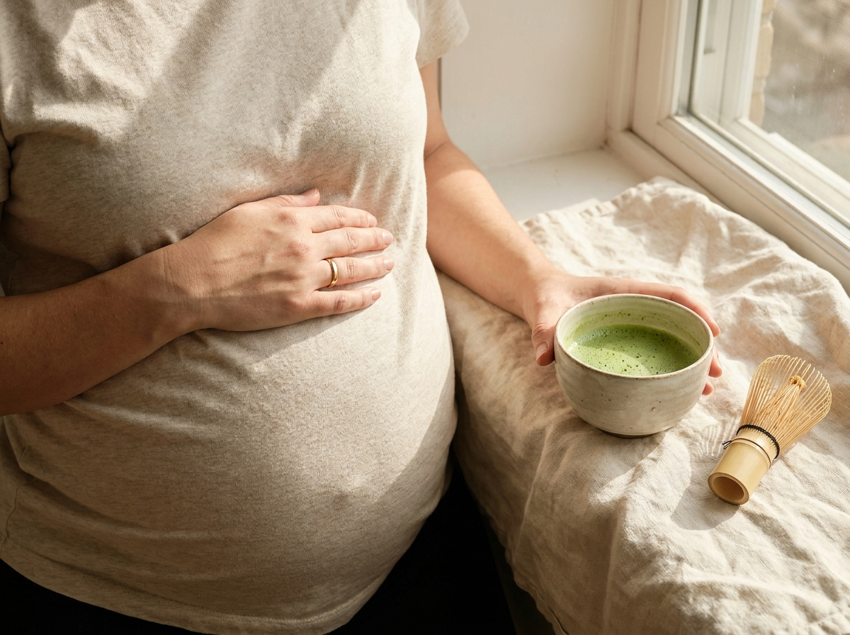 Schwangere Frau am Fenster mit einer Schale frisch aufgeschlagenem Matcha, eine Hand auf dem Bauch, Bambusbesen auf Leinen daneben