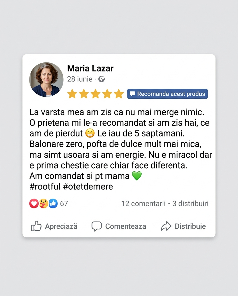 Review Maria Lazar — 5 stele — balonare zero, pofta de dulce mai mica, se simte usoara dupa 5 saptamani cu ROOTFUL