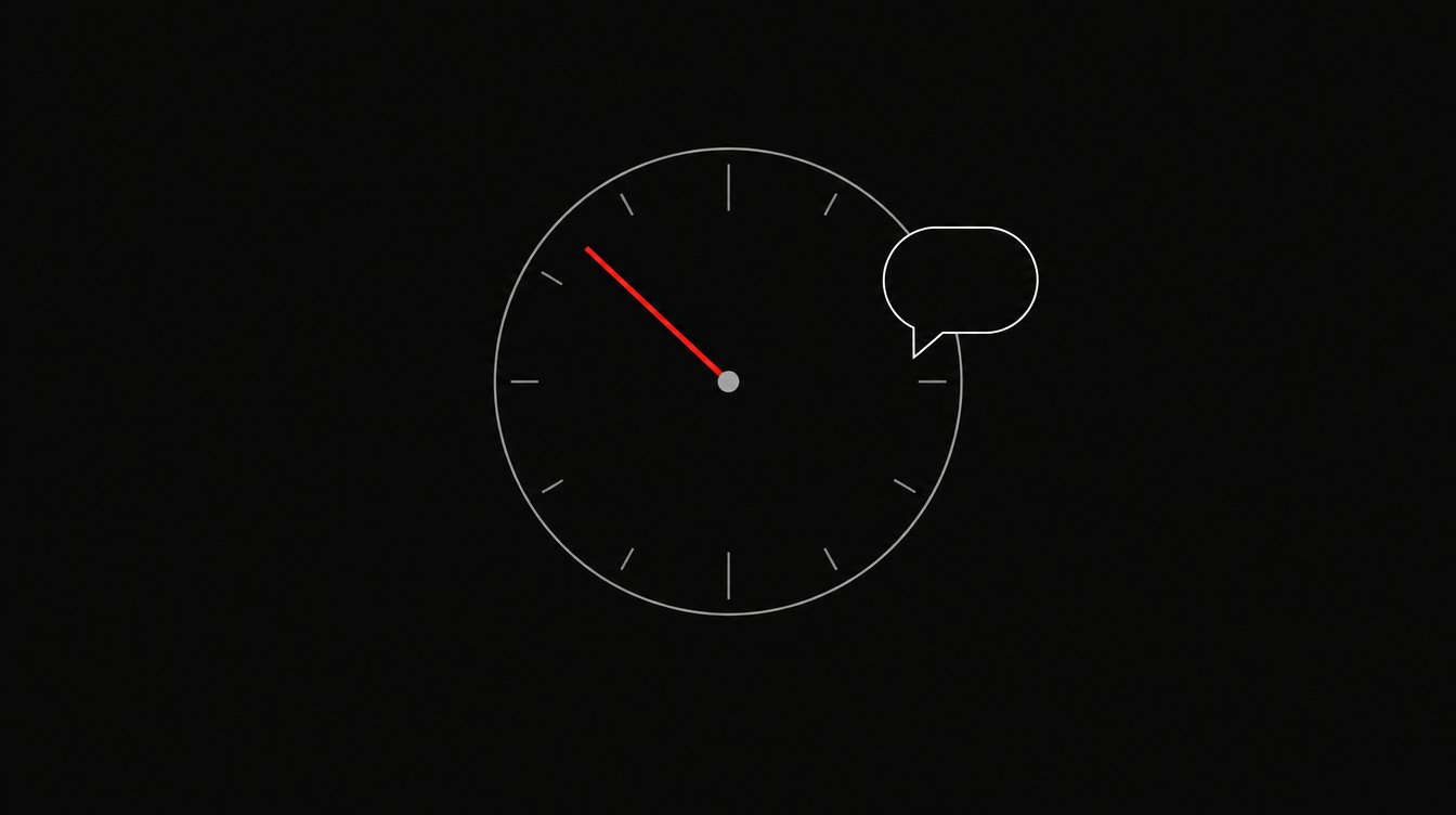 Swiss editorial graphic of a clock face with a red radial line and a chat bubble representing speed to lead