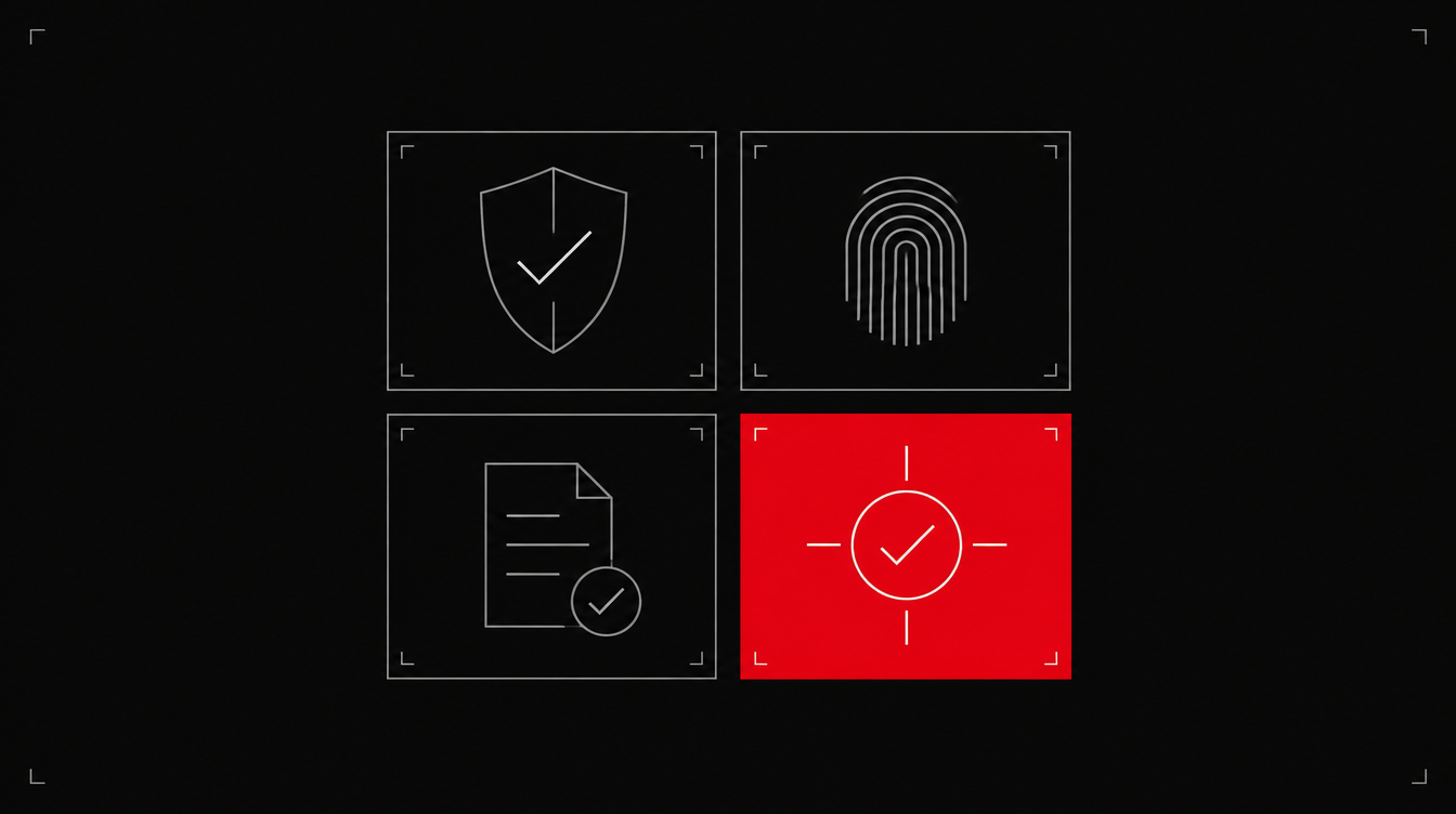 Swiss editorial graphic of a 2x2 grid representing the four E-E-A-T pillars, with Trust highlighted in red
