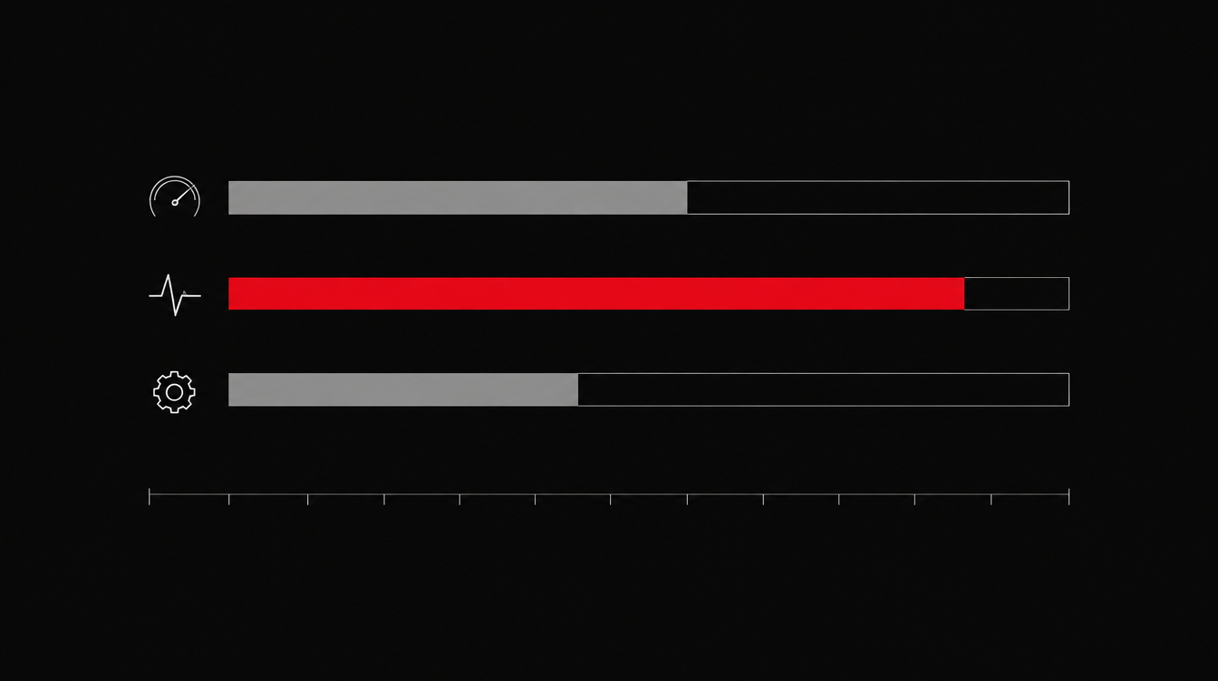 Swiss editorial graphic of three performance gauge bars representing LCP, INP and CLS, with INP highlighted in red