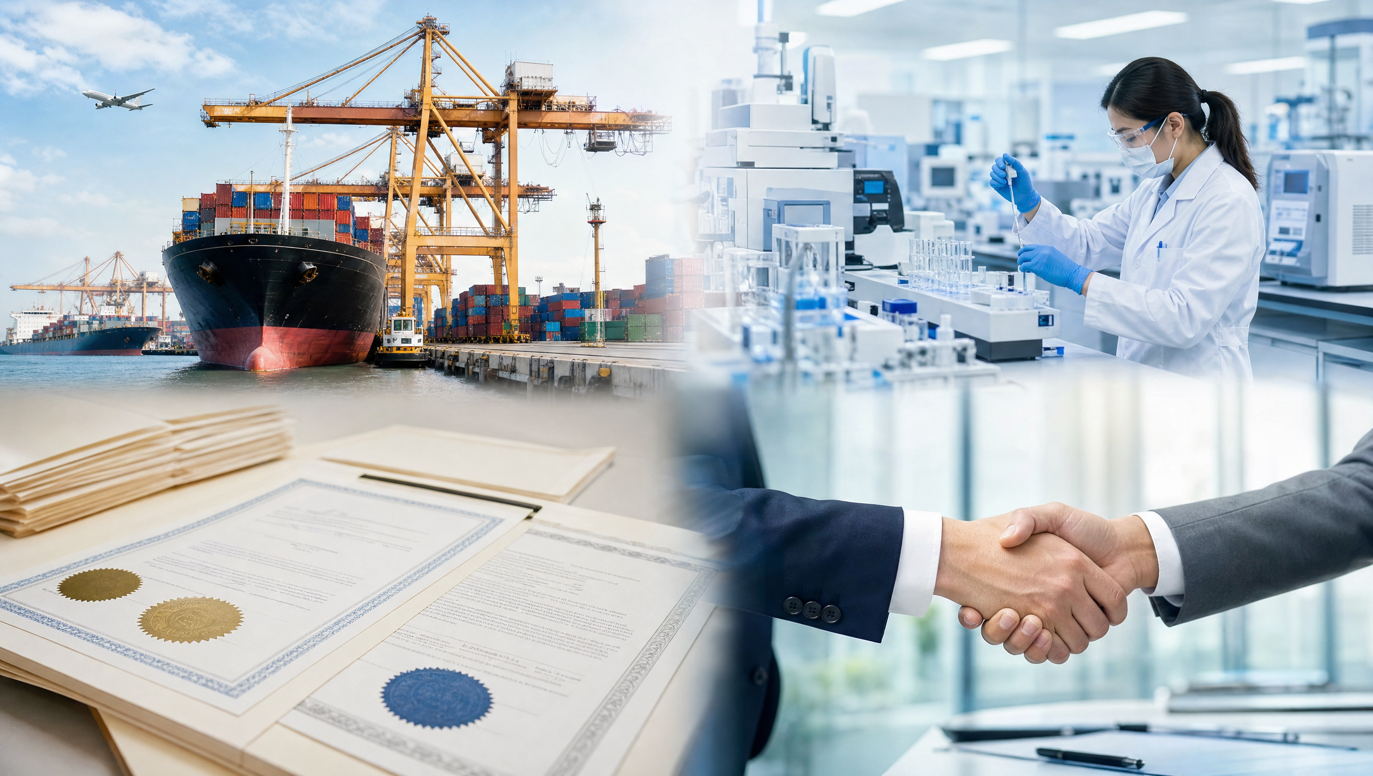 Port, laboratory, documents and business handshake collage