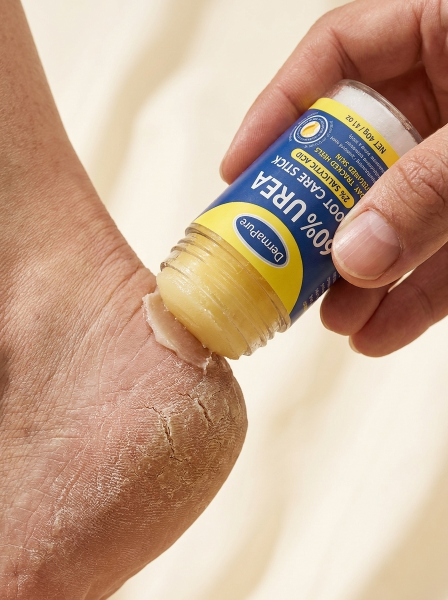 Using a hydrating foot mask after urea foot care for dry cracked heels