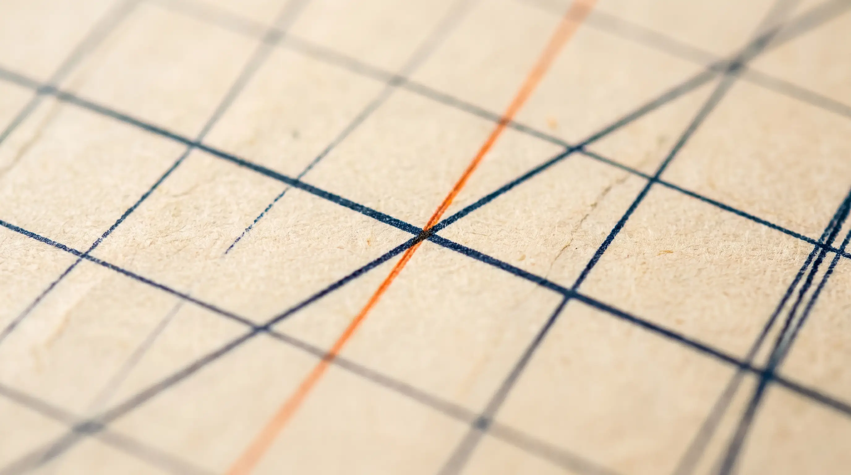 Fine engraved ledger-grid lines on warm ivory paper with navy ink accents and a single thin orange line