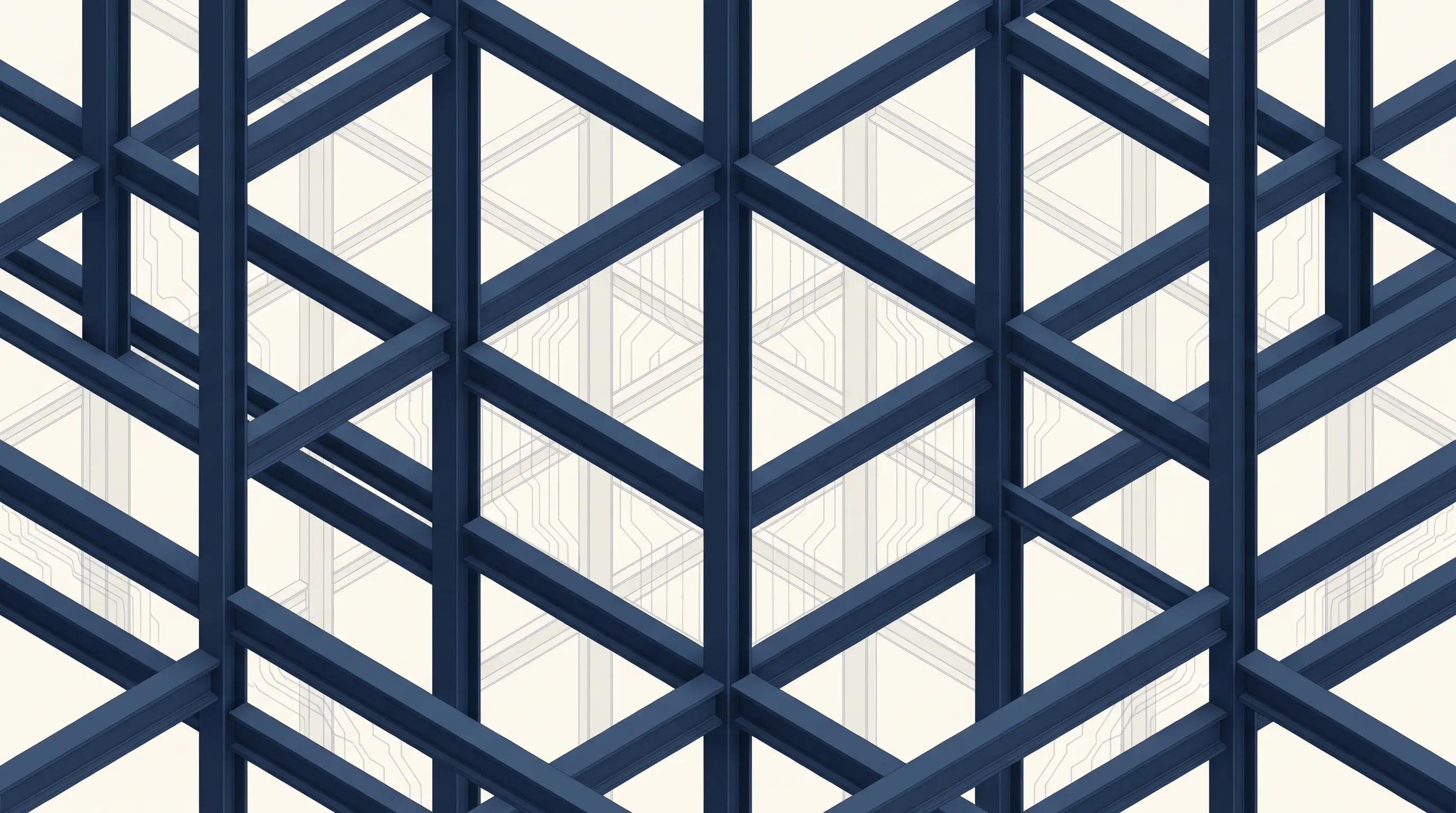 Abstract lattice of navy structural beams intersecting in precise isometric order on warm white