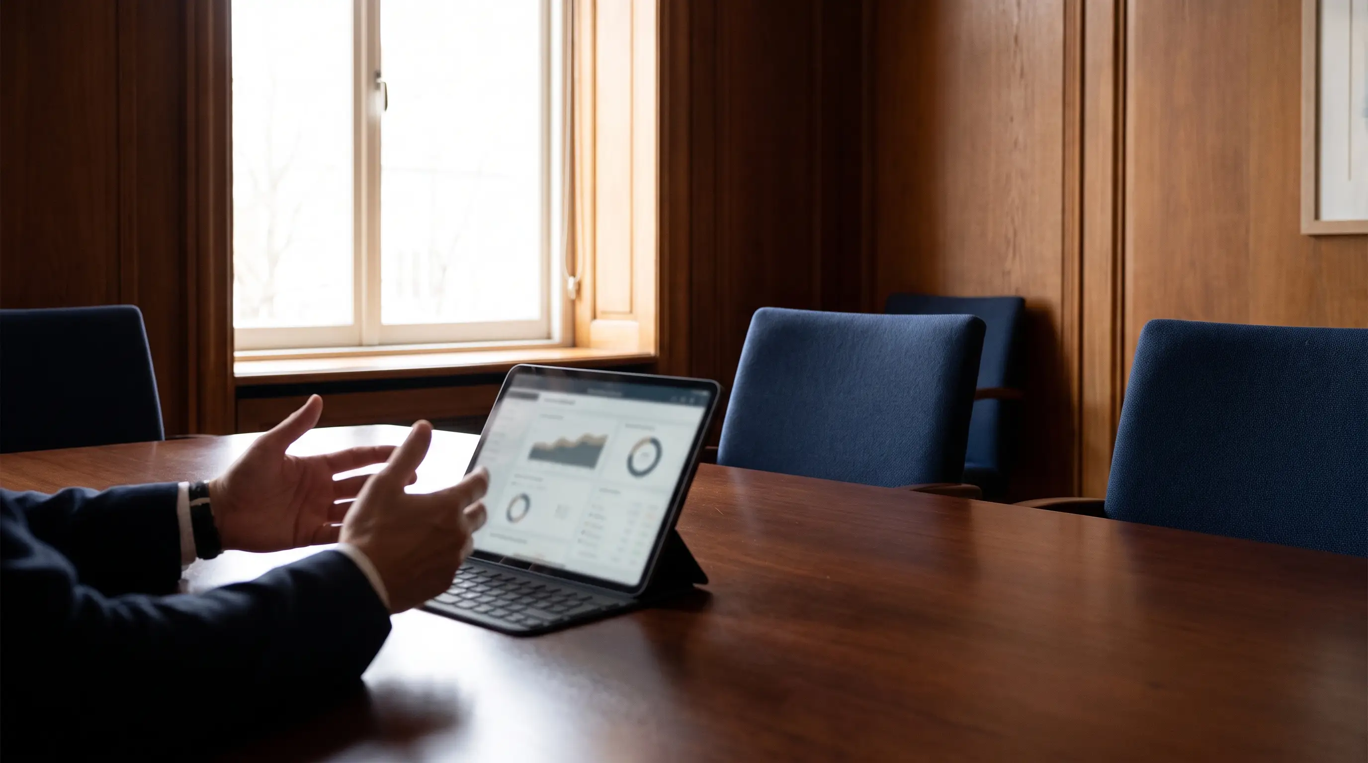 Private-bank meeting room with a portfolio dashboard on a tablet