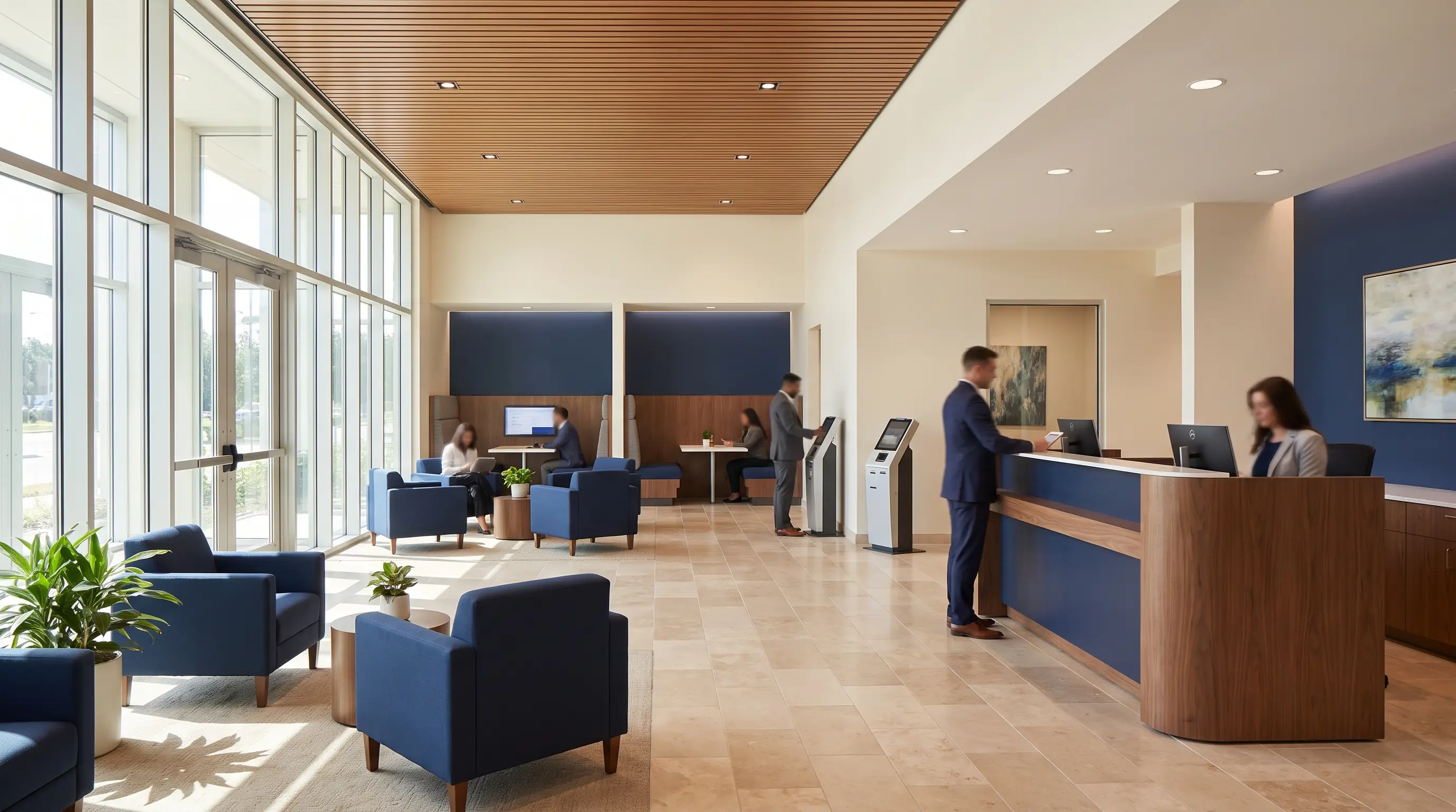 Modern credit-union branch interior with an open, daylit layout