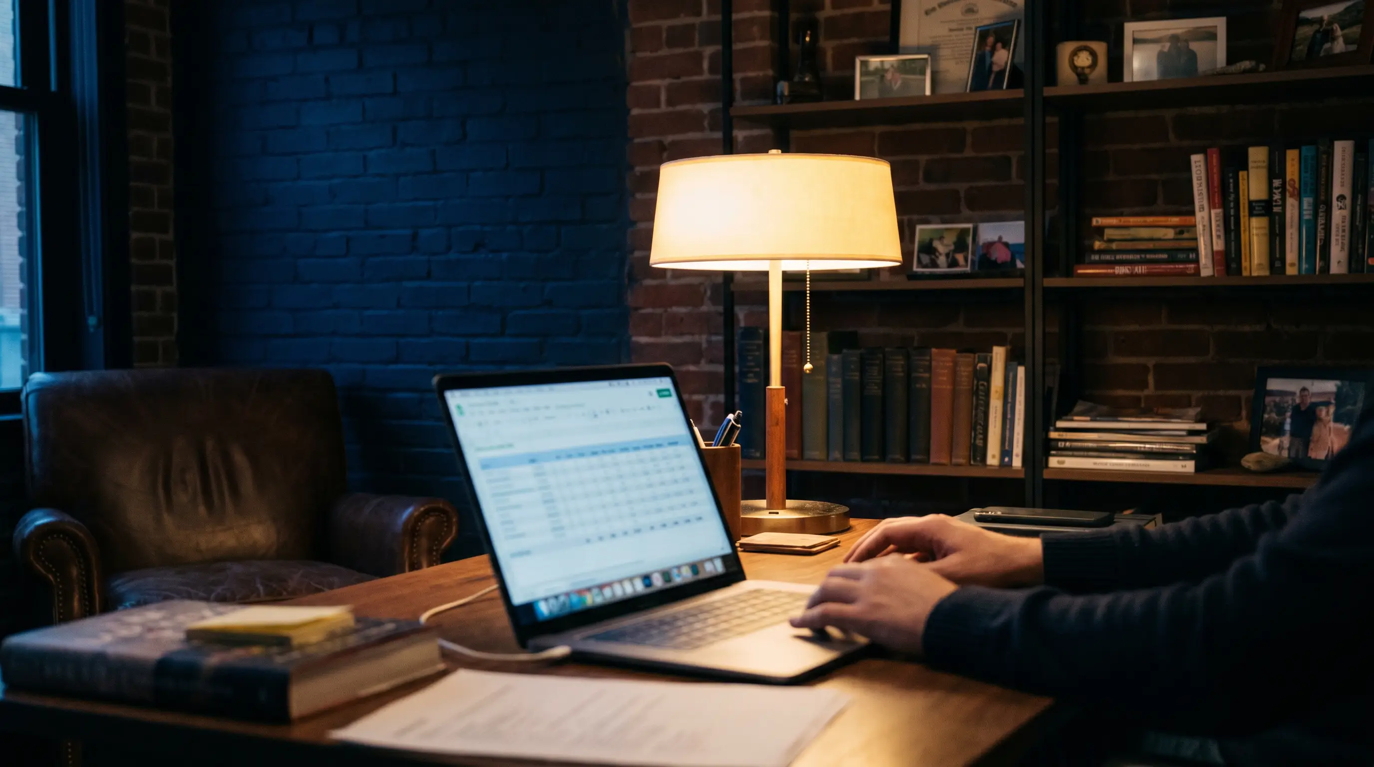 Founder-scale office at night with a cap-table grid on a laptop