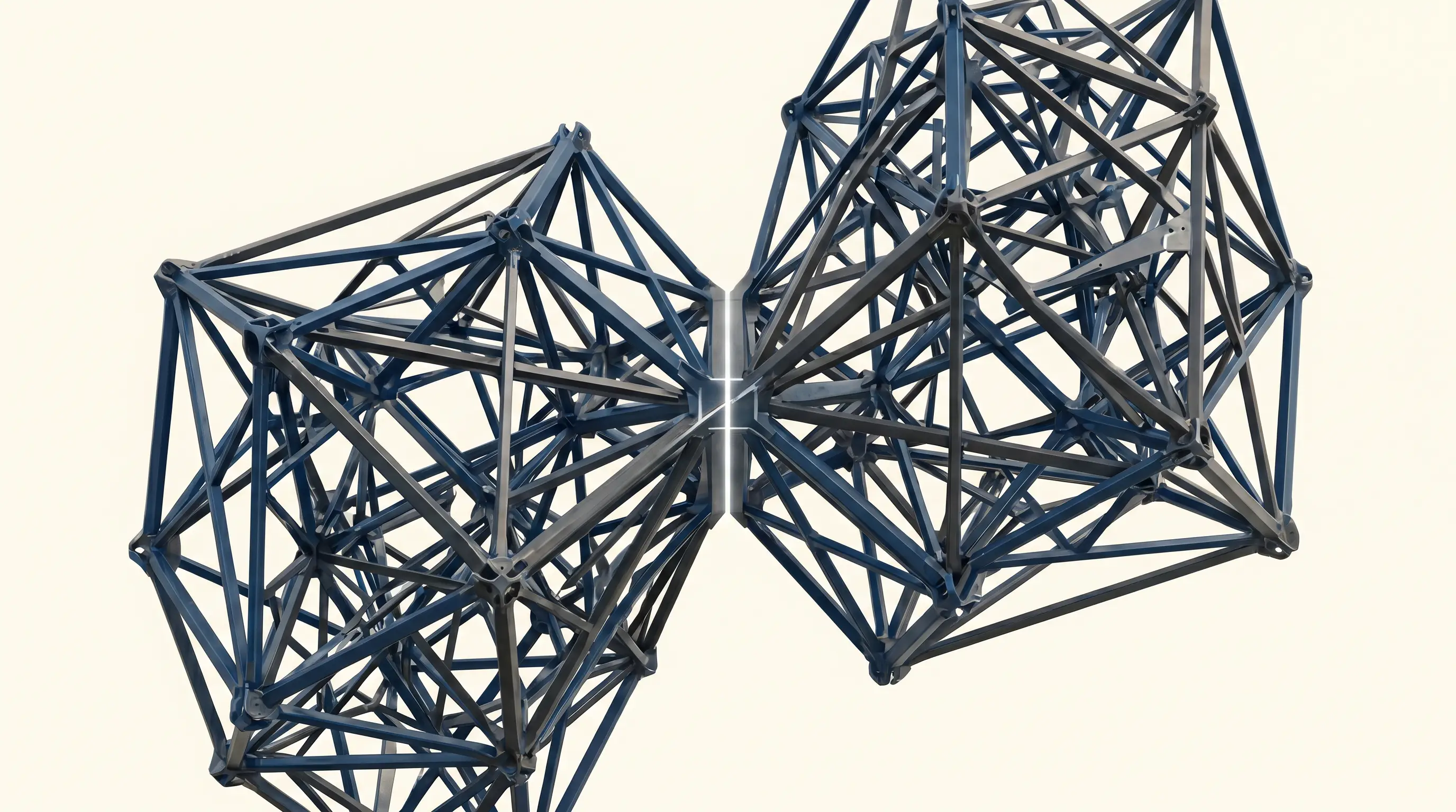 Two abstract lattice structures docking together in precise alignment