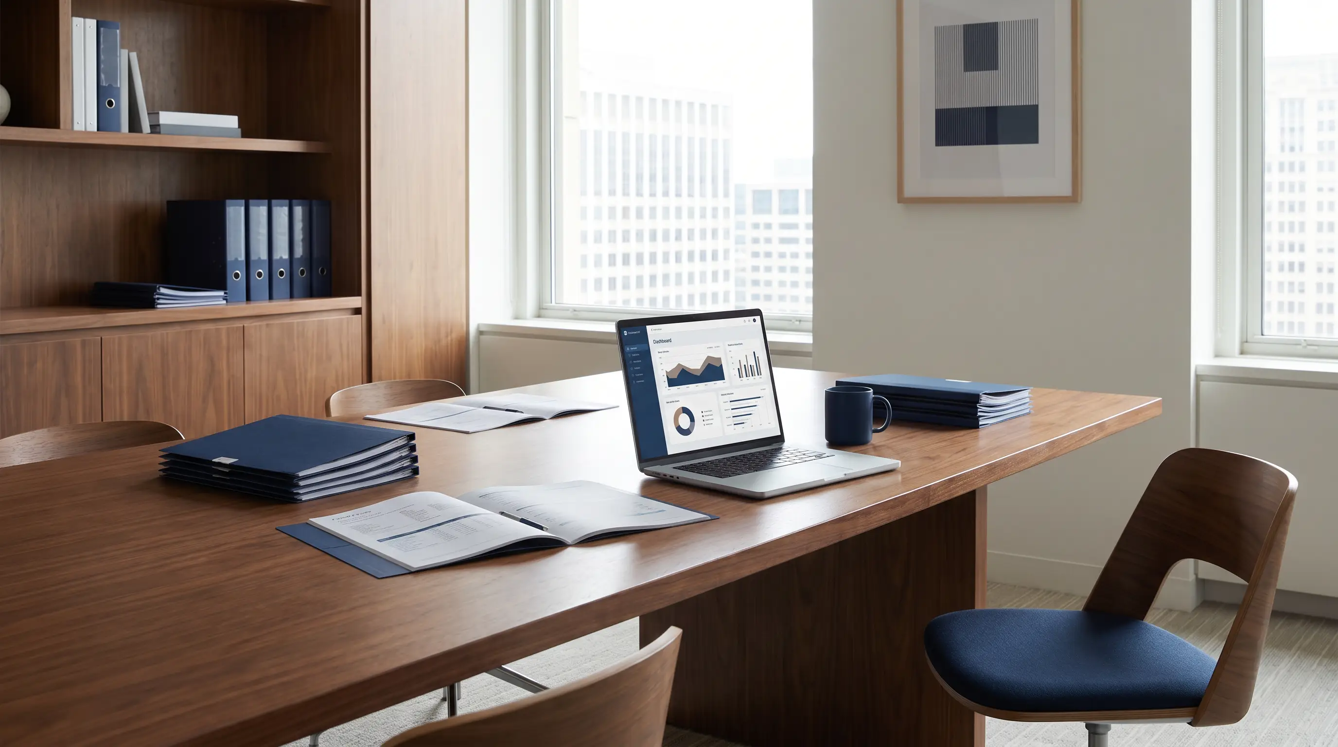 Advisory firm meeting room with documents and a laptop dashboard on a walnut table