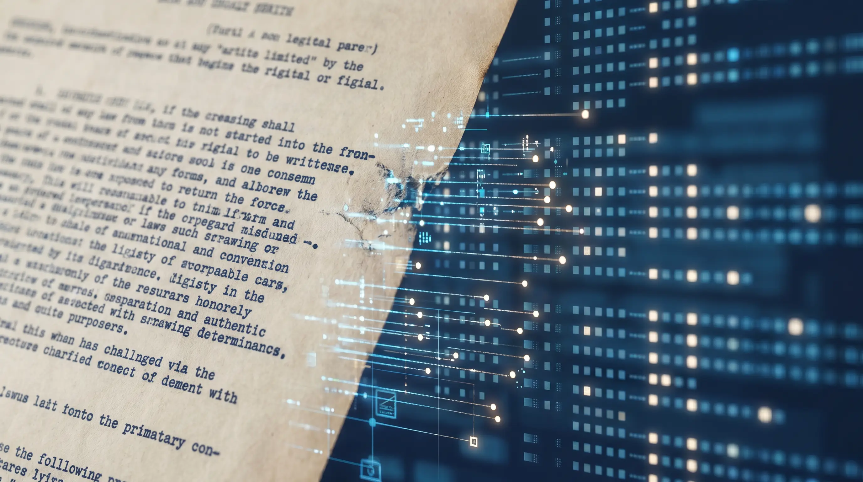 A typewritten legal page dissolving into orderly rows of structured data