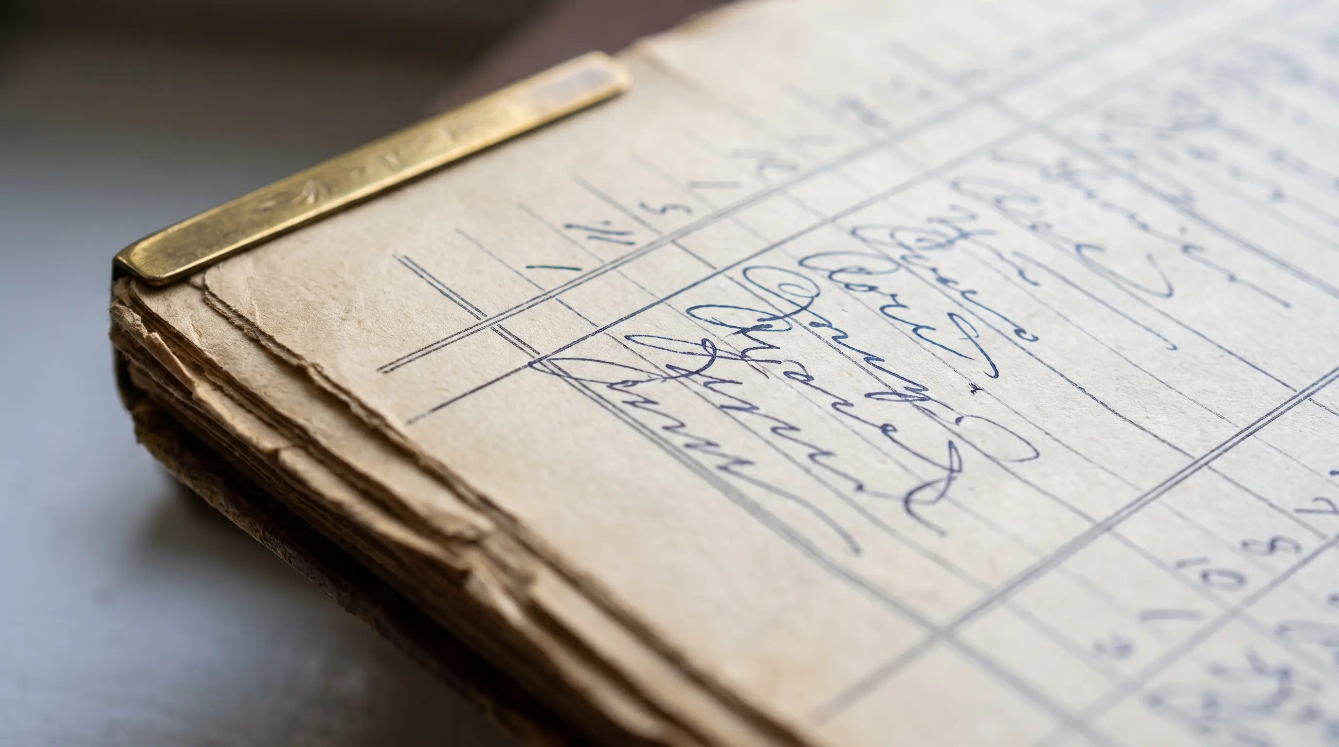 Close view of an archival registry ledger with precise ruled columns