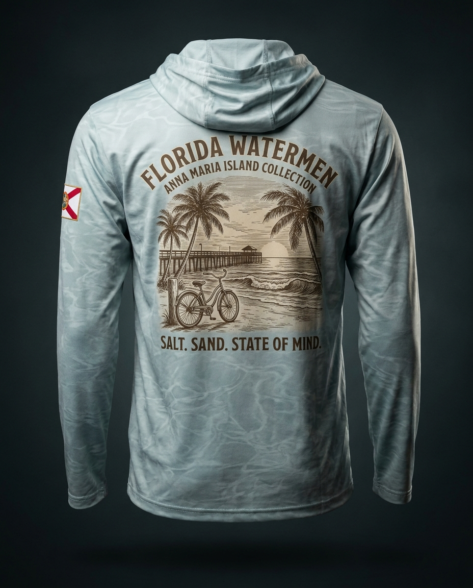Anna Maria Island collection hooded gaiter shirt — beach pier and cruiser bike at sunset