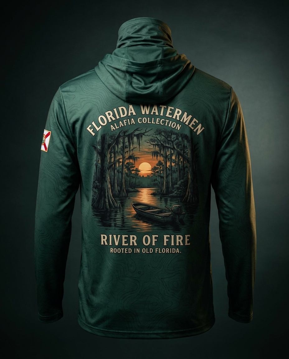 Alafia collection hooded gaiter shirt — jon boat on the blackwater River of Fire