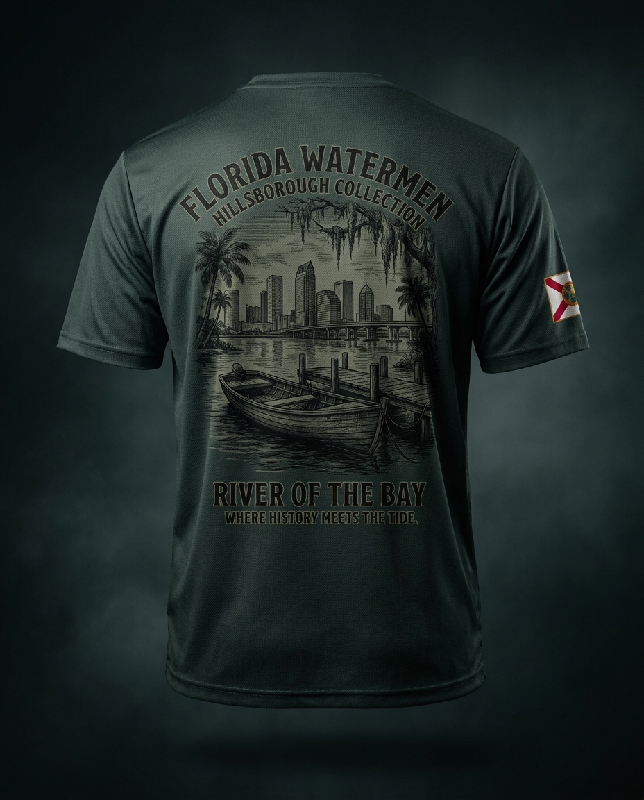 Hillsborough collection long sleeve shirt — river skiff against the Tampa skyline