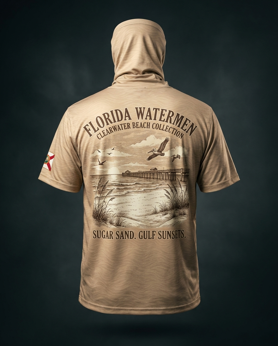 Clearwater Beach collection hooded gaiter shirt — white-sand gulf beach at sunset