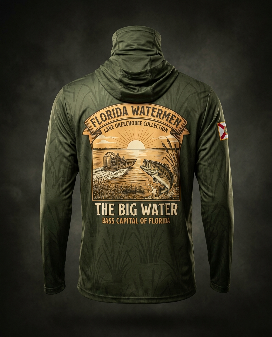 Lake Okeechobee collection hooded gaiter shirt — airboat in sawgrass marsh at dawn