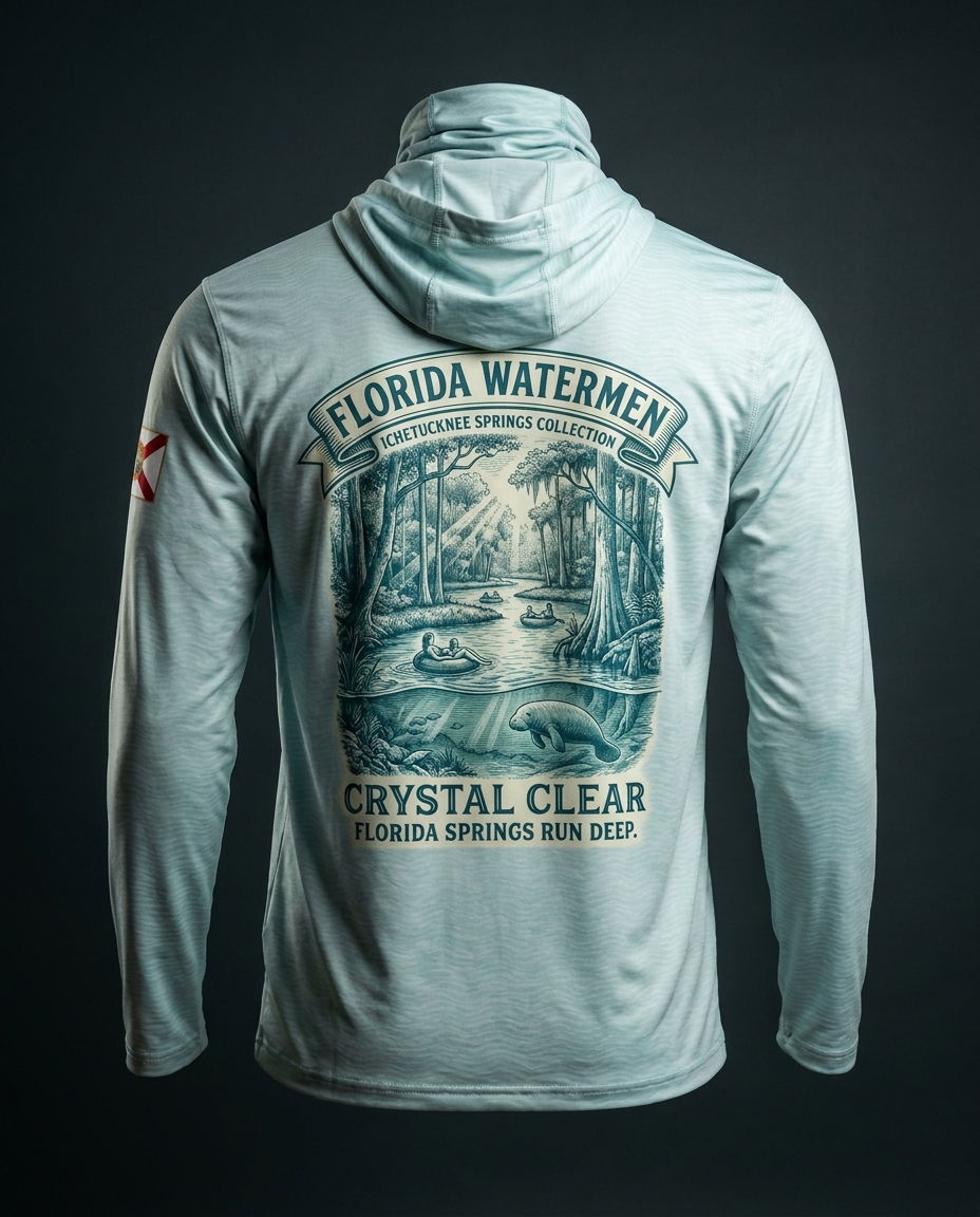 Ichetucknee Springs collection hooded gaiter shirt — crystal spring river through hardwood forest