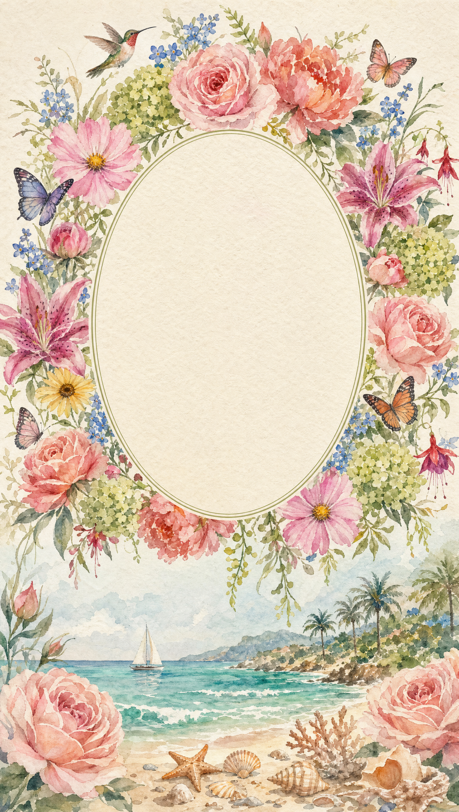 Aquarell-Einladung mit Blumenkranz und Mittelmeer-Strand — Vorschau des Designs