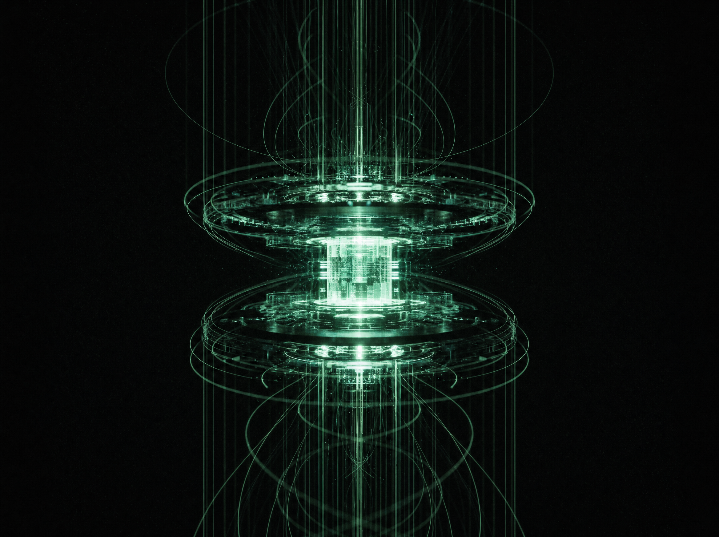 Abstracte visualisatie van een precieze technologische kern in mint-groen licht