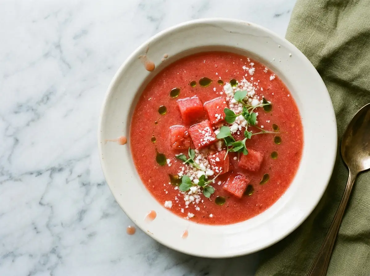 Overhead view of heirloom tomato and watermelon gazpacho on grey marble with basil oil and feta snow