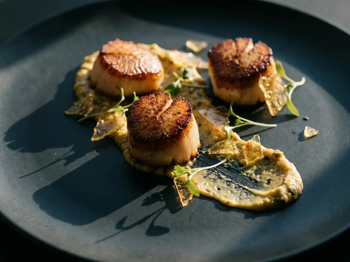 Seared scallops over charred sweet-corn puree on dark slate in low evening side light