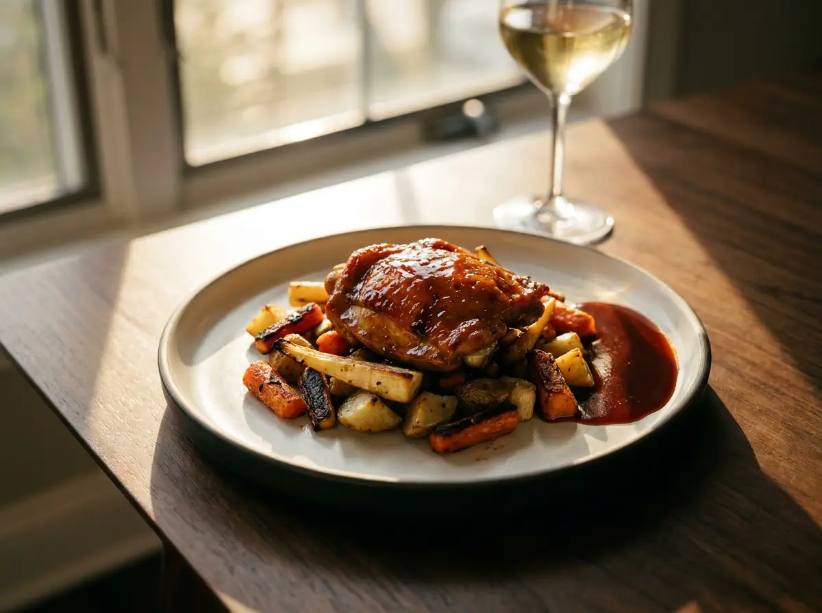 Miso-glazed Amish chicken thigh over root vegetable hash on a walnut table in golden evening light