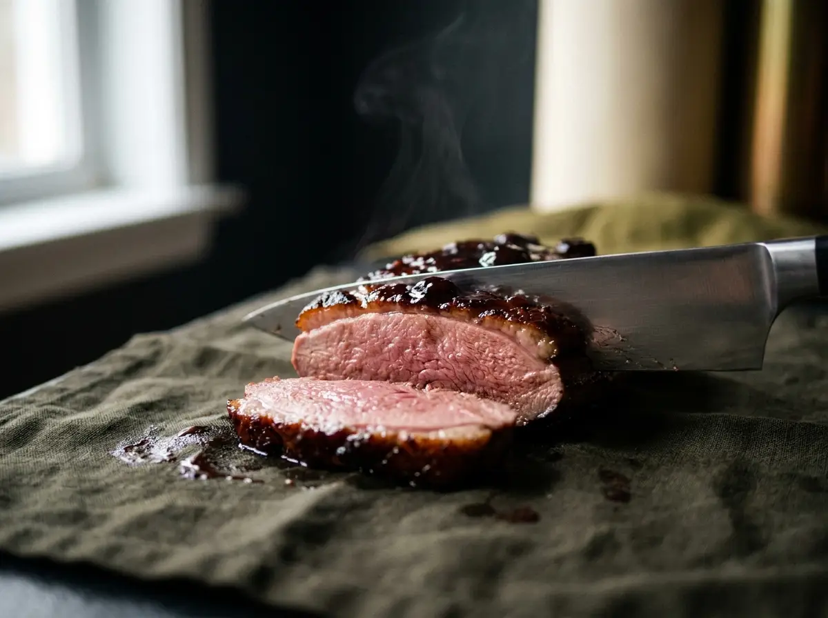 Close-up of bourbon-cherry duck breast mid-slice, knife resting in the cut, steam rising