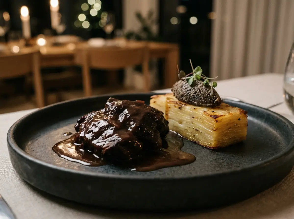 Braised beef cheek bourguignon with truffled potato pave on charcoal stoneware, candlelit dining room softly blurred behind
