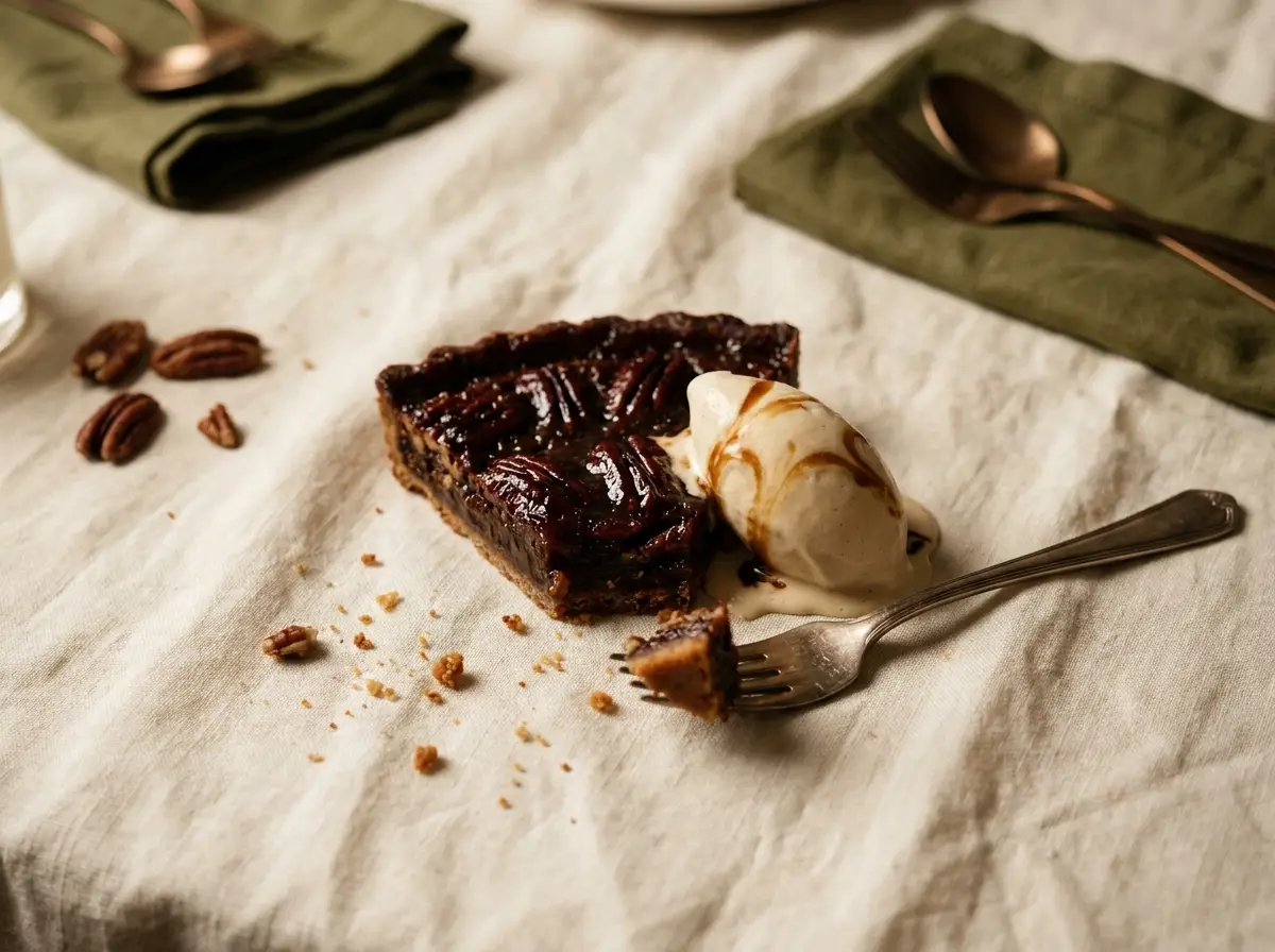 Brown butter bourbon pecan tart with a melting maple ice cream quenelle on ivory linen, one bite taken