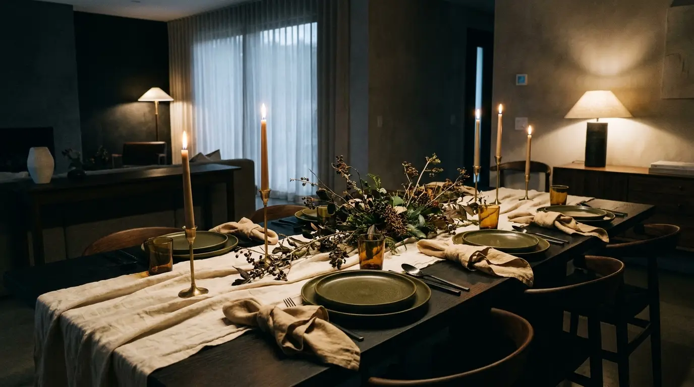 Candlelit private dinner table set with olive-green ceramics and ivory linen in a warm dining room