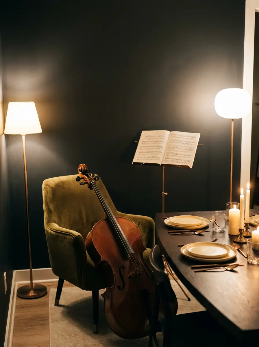 A cello resting beside a candlelit dinner table: styled ambiance for the evening's finale