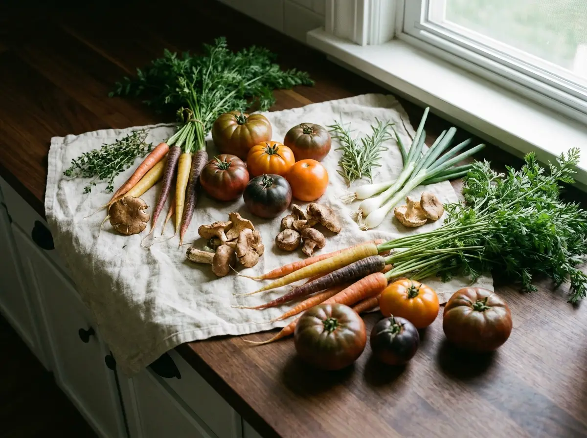 Freshly harvested Ohio produce in loose linen on a walnut counter in morning light