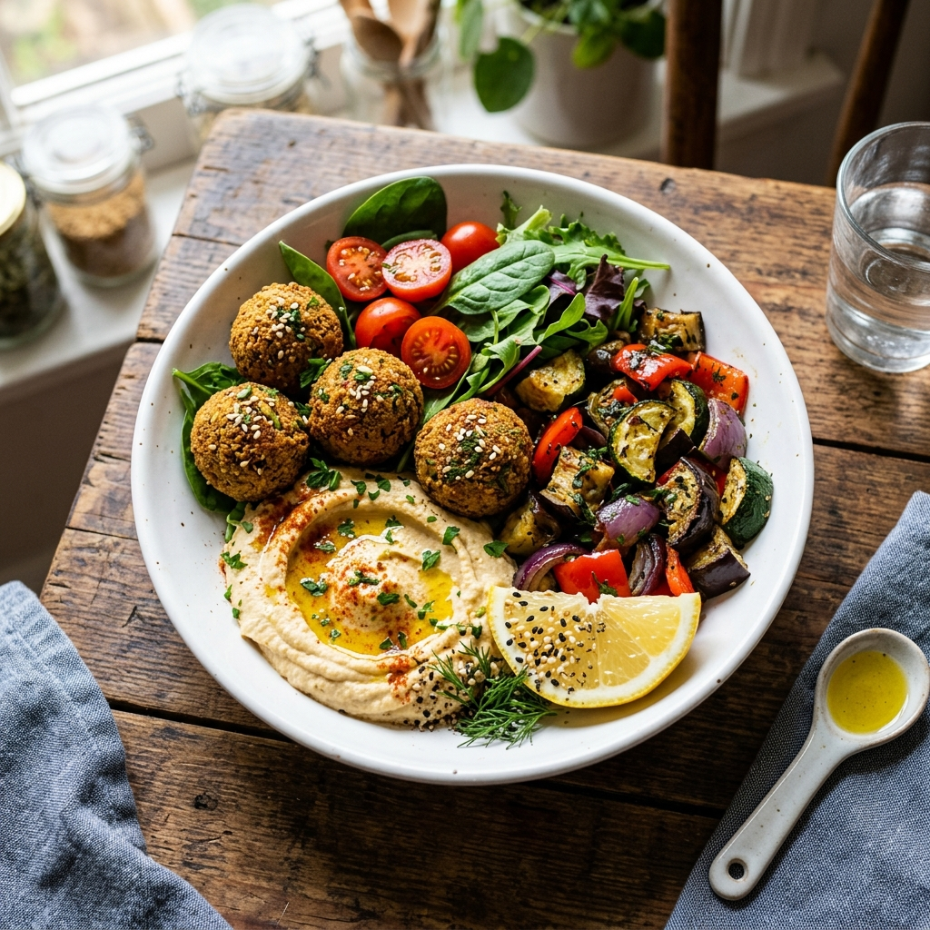 Bowl vegetariano con hummus y vegetales frescos