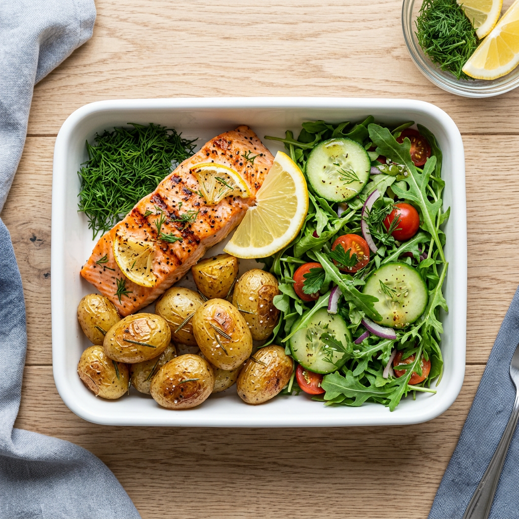 Vianda con salmón grillado y ensalada fresca