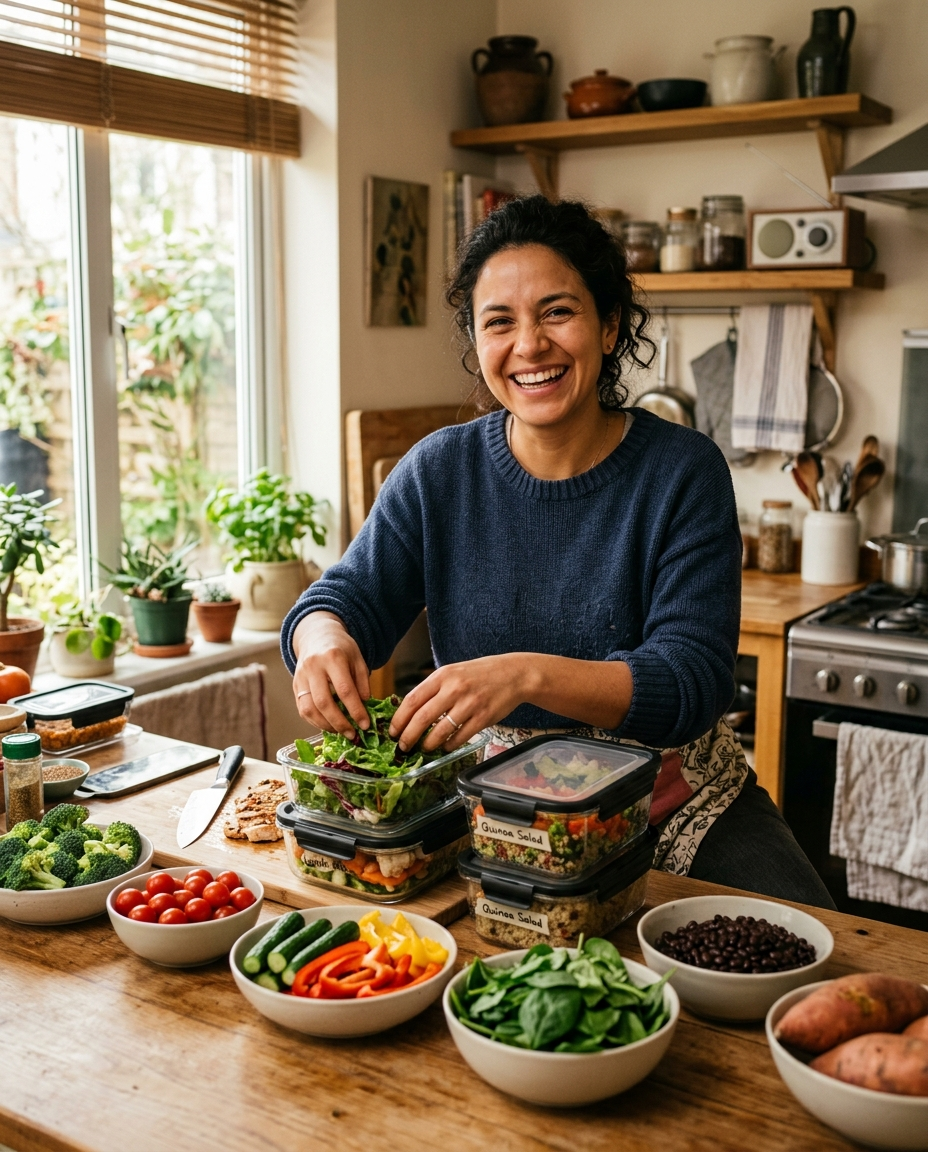 Mujer preparando viandas saludables en cocina organizada