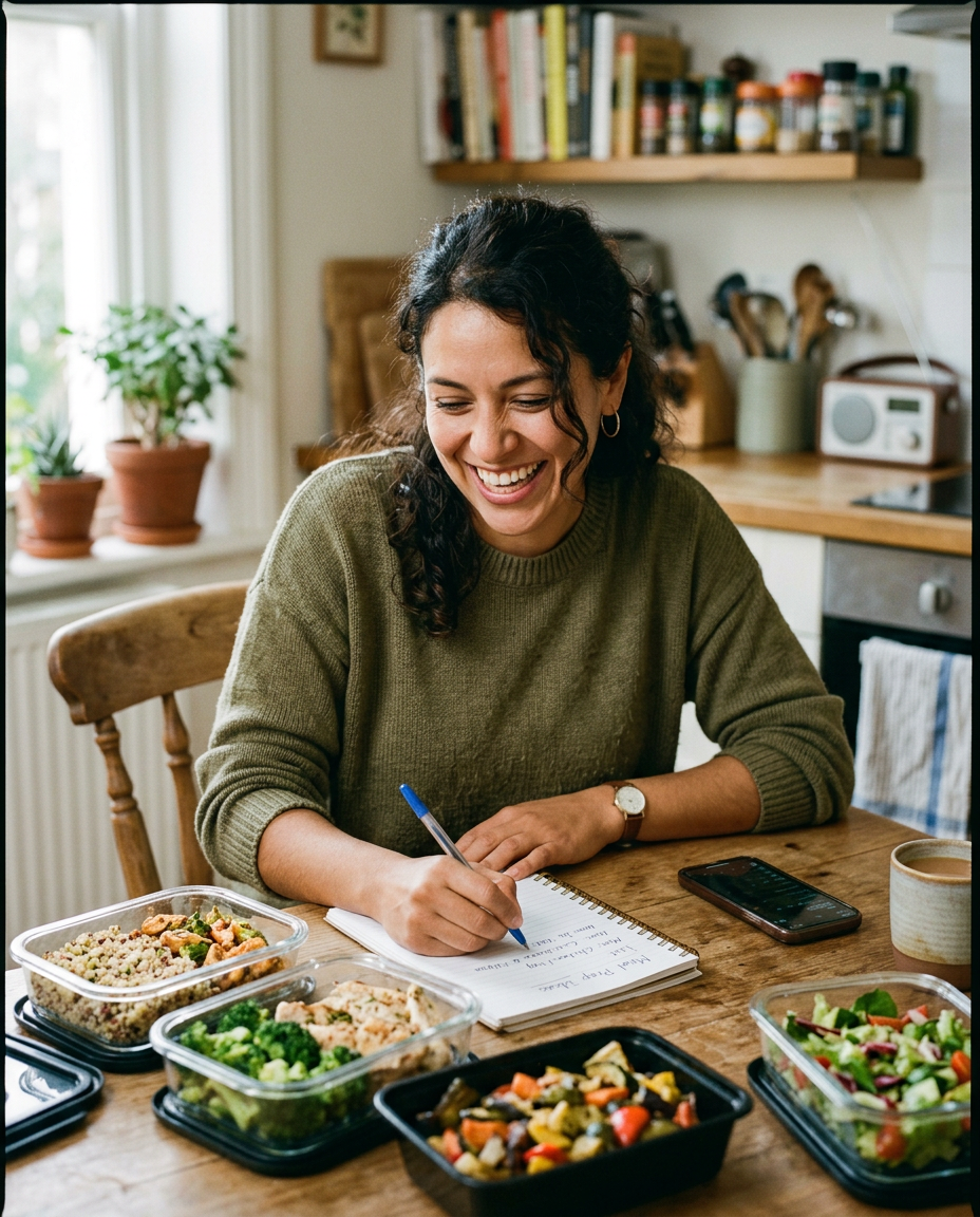 Emprendedora armando meal prep con vegetales frescos