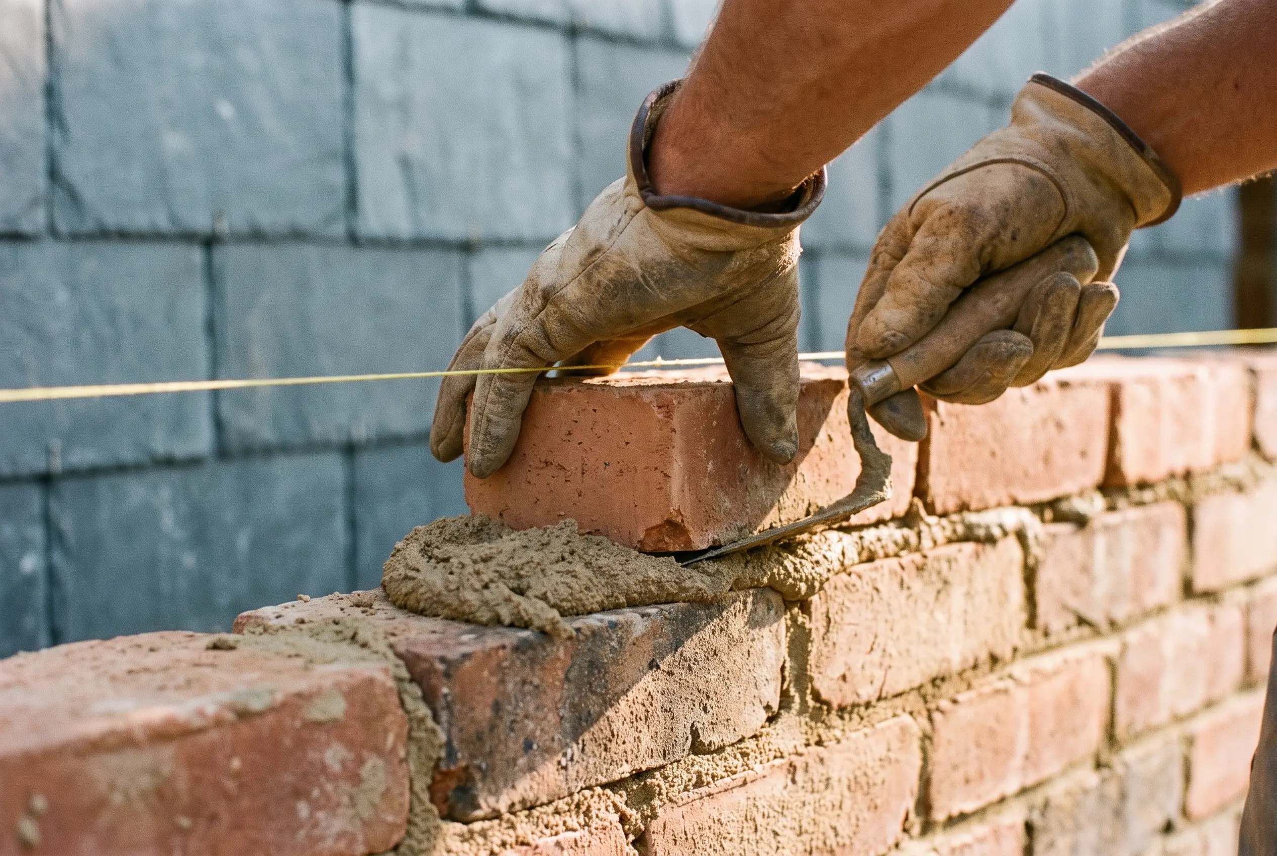 Bricklaying by hand with string line