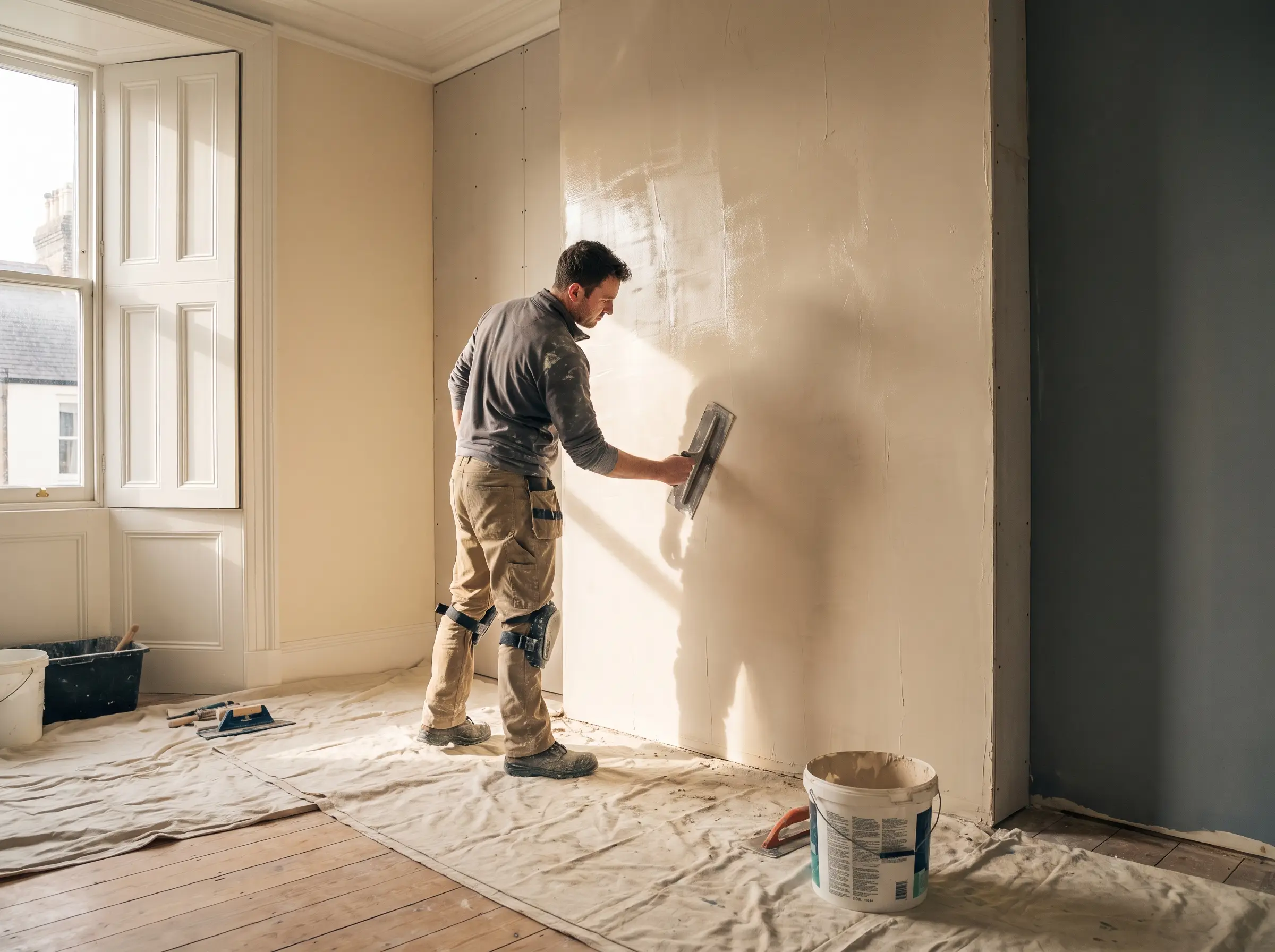 Plasterer skimming a wall
