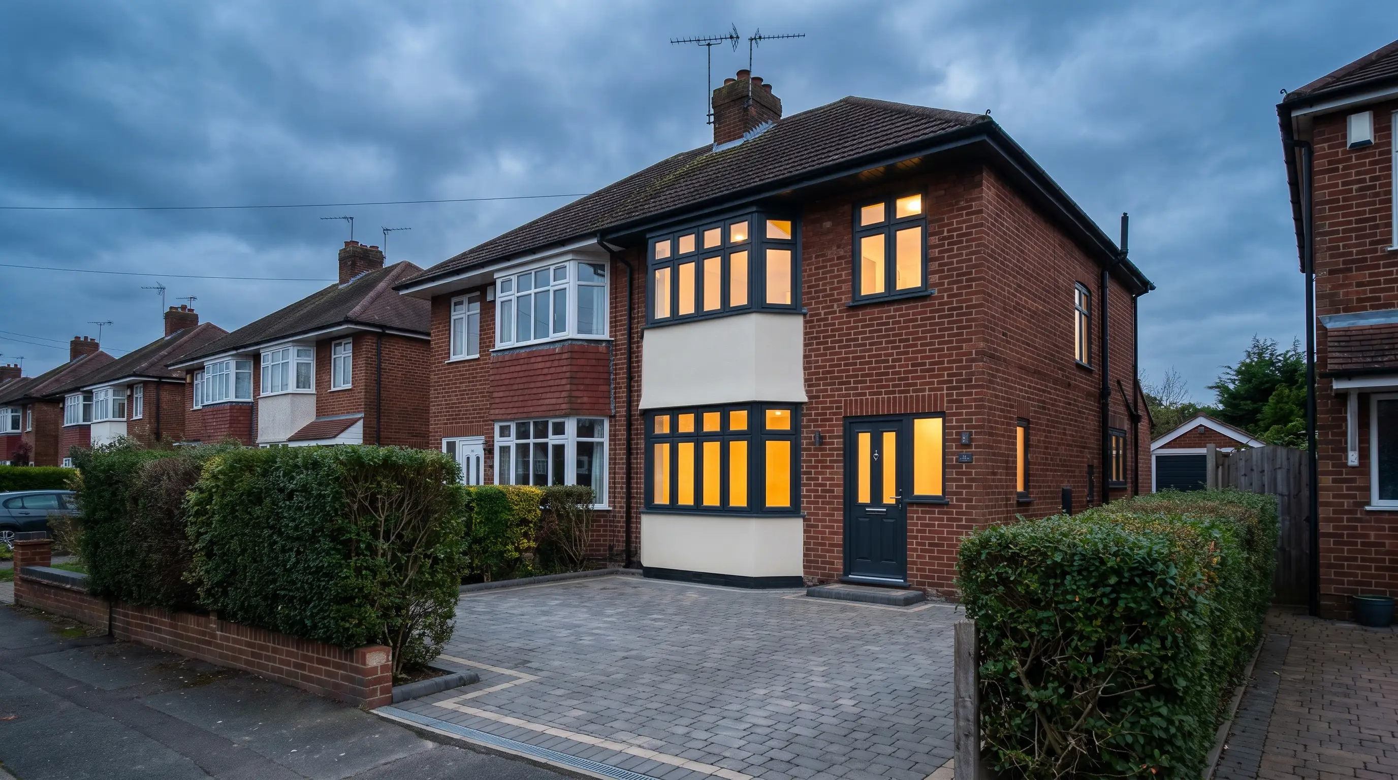 Renovated semi-detached home by Brunco Construction at dusk